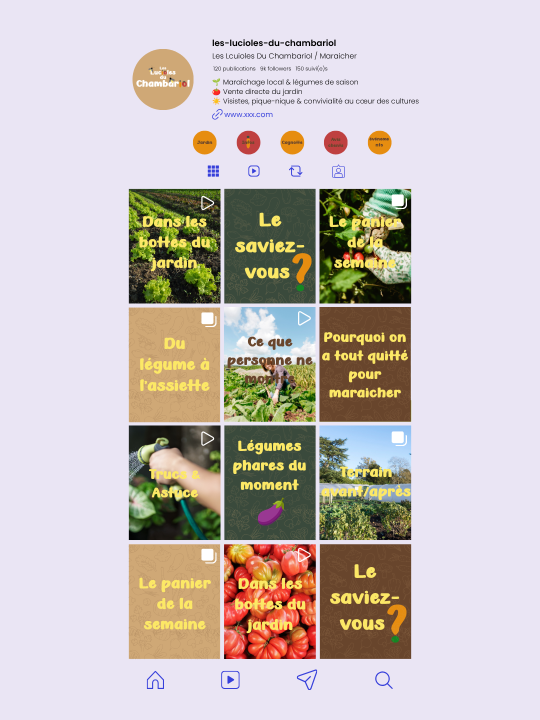 Mockup du feed Instagram Les Lucioles du Chambariol